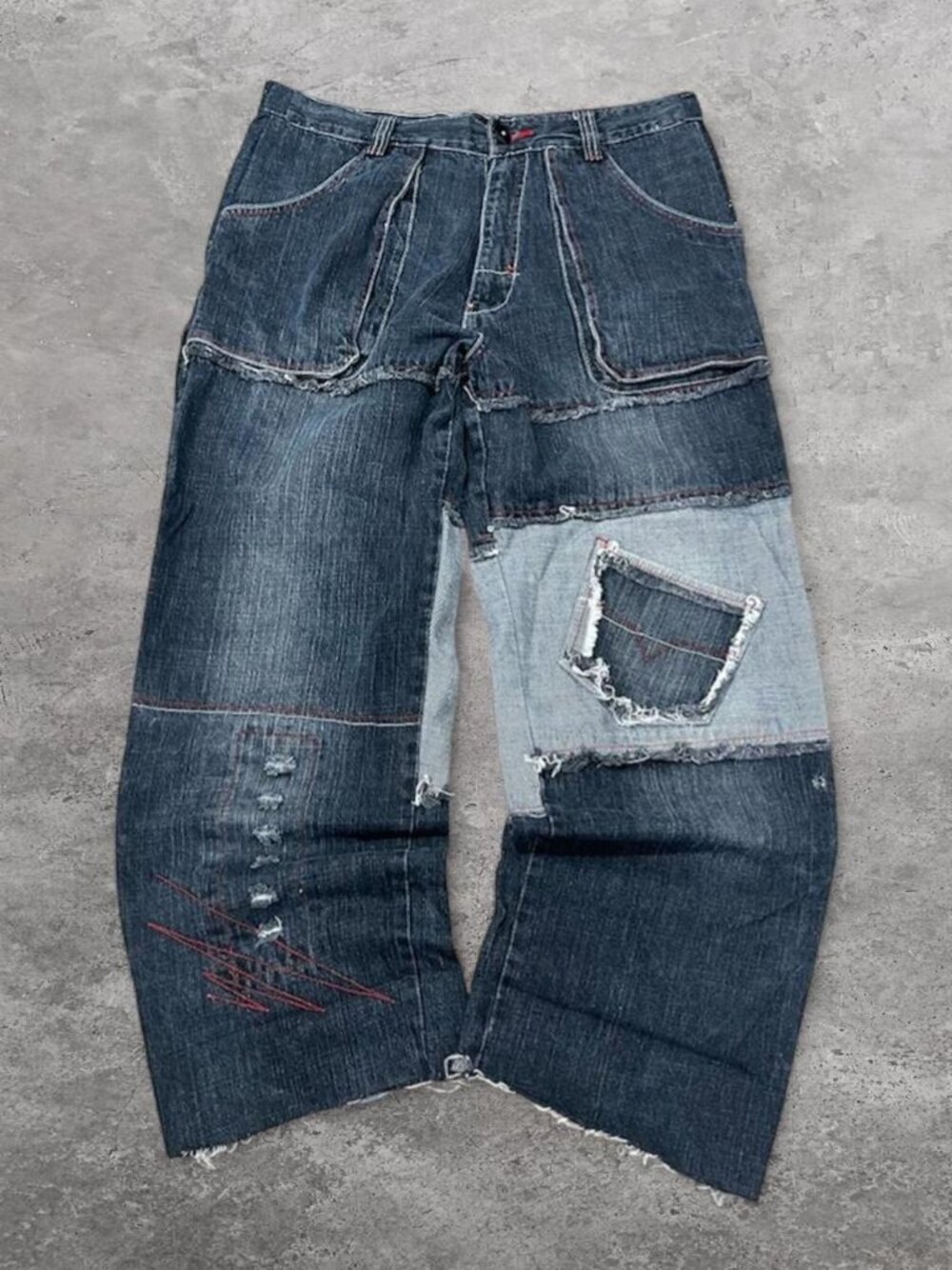 Distressed Baggy blue denim jeans with custom Patchwork
